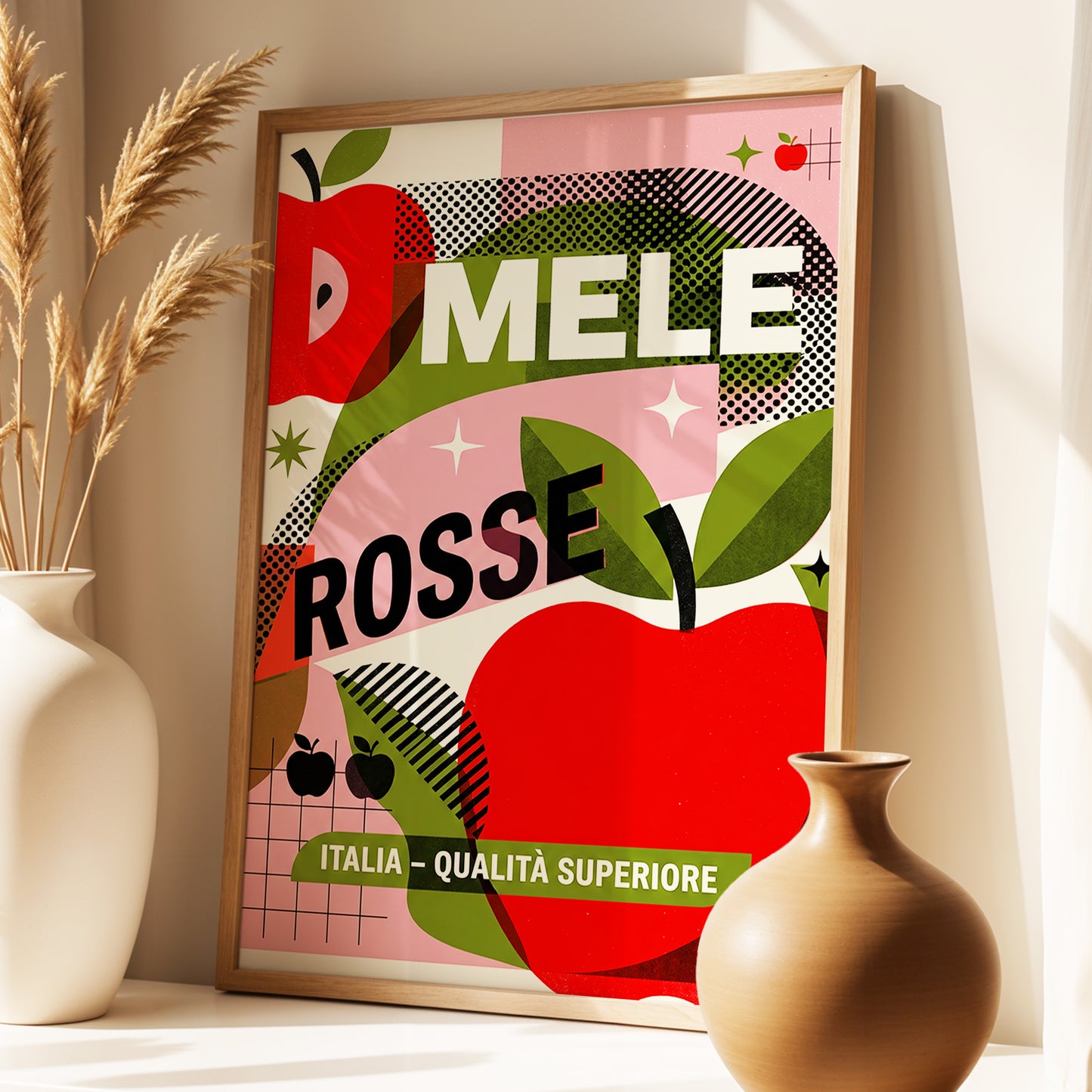 Mele Rosse Orchard, red, green, pink nature wall art displayed in a styled interior, gallery view 1
