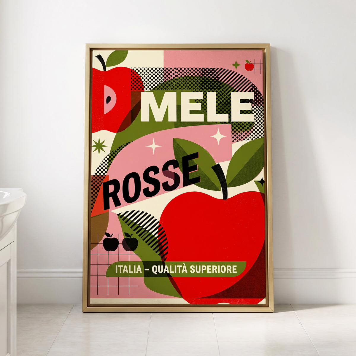 Mele Rosse Orchard, red, green, pink nature wall art displayed in a styled interior, gallery view 2