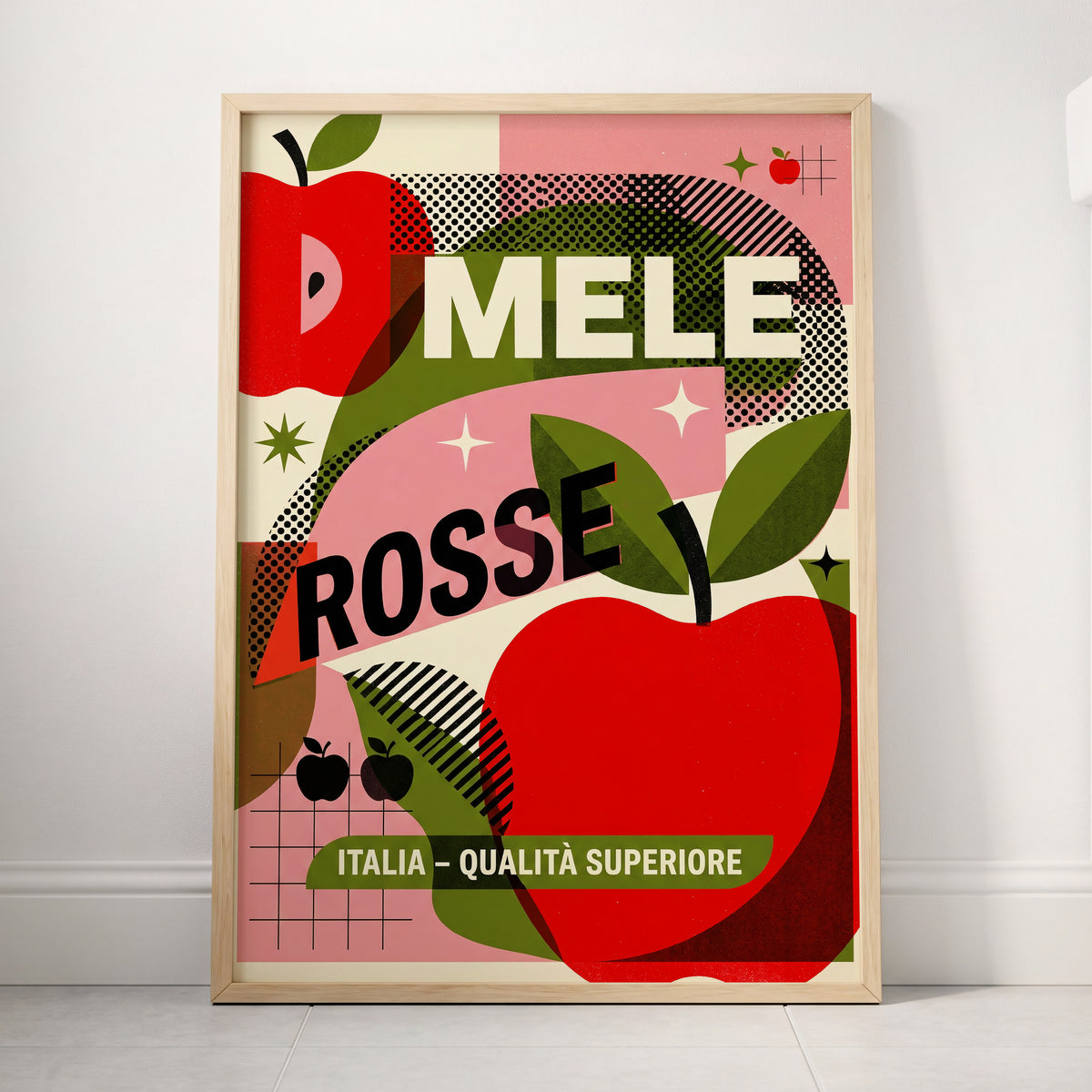 Mele Rosse Orchard, red, green, pink nature wall art displayed in a styled interior, gallery view 3