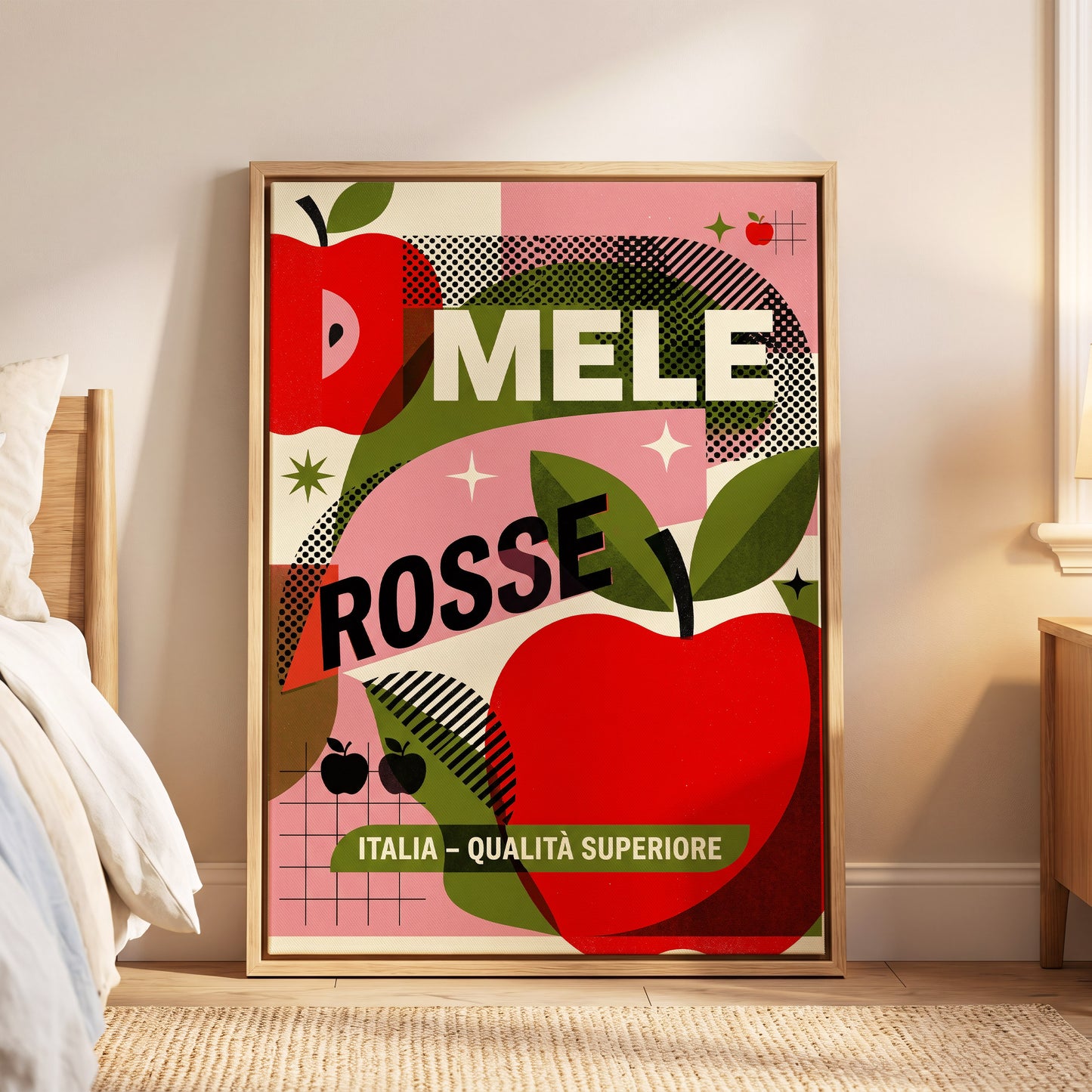 Mele Rosse Orchard, red, green, pink nature wall art displayed in a styled interior, gallery view 6