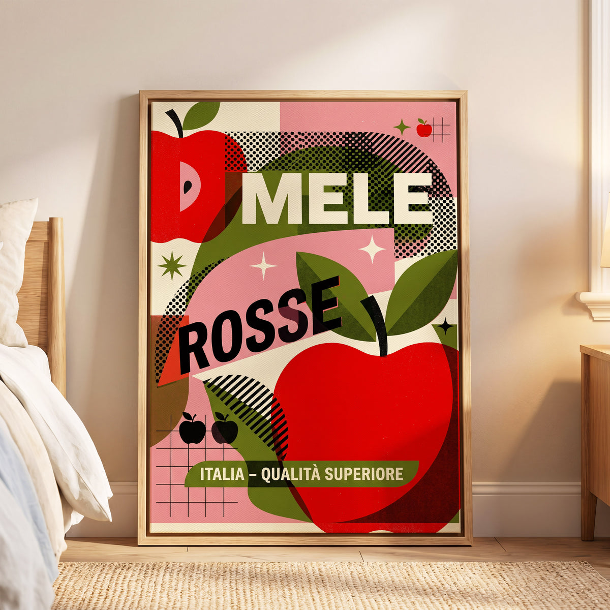 Mele Rosse Orchard, red, green, pink nature wall art displayed in a styled interior, gallery view 6