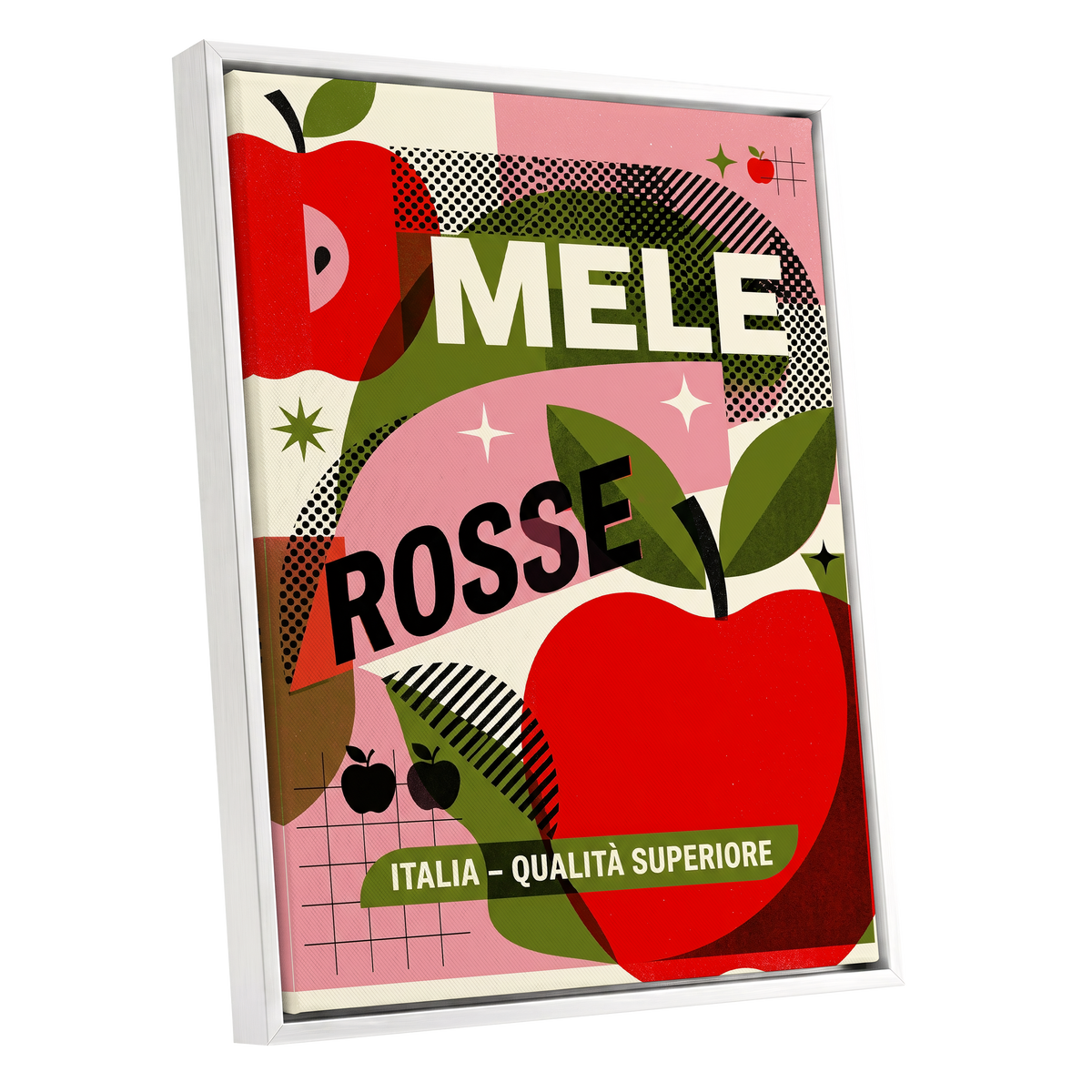 Mele Rosse Orchard, red, green, pink nature wall art shown as a white framed canvas wall art