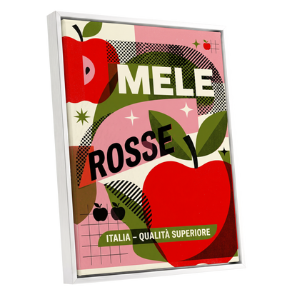 Mele Rosse Orchard, red, green, pink nature wall art shown as a white framed canvas wall art