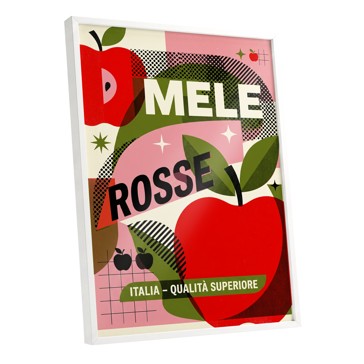 Mele Rosse Orchard, red, green, pink nature wall art shown as a white framed poster wall art print