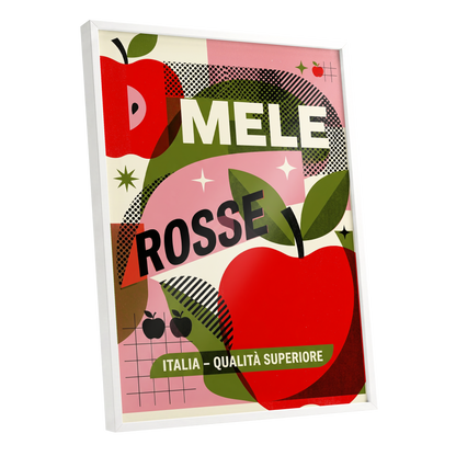 Mele Rosse Orchard, red, green, pink nature wall art shown as a white framed poster wall art print
