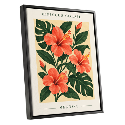 Menton Coral Bloom, orange, red, green floral wall art shown as a black framed canvas wall art