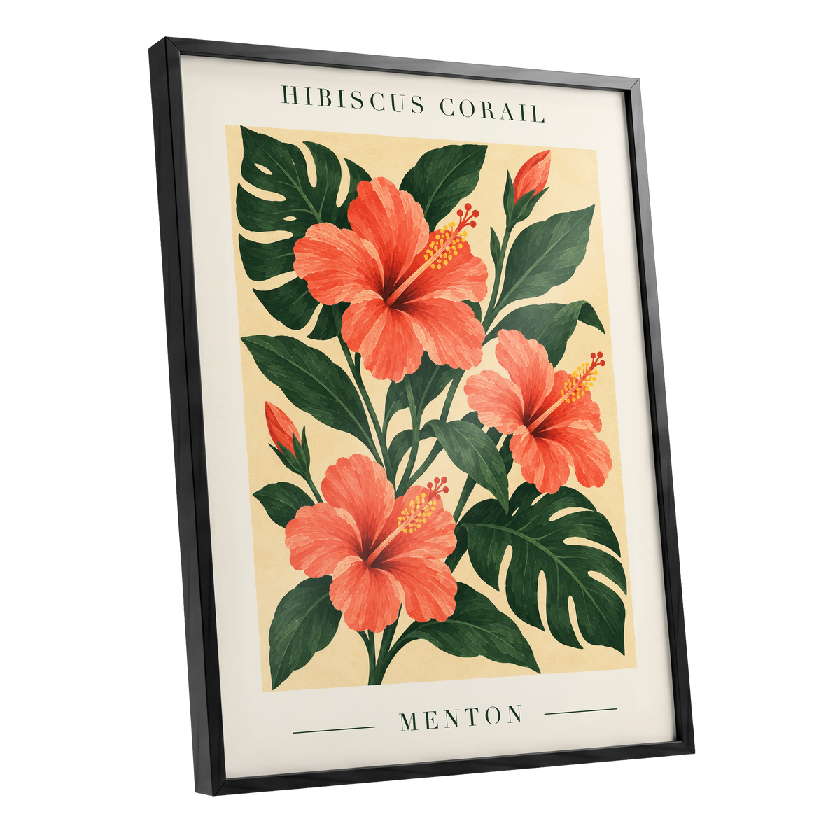 Menton Coral Bloom, orange, red, green floral wall art shown as a black framed poster wall art print