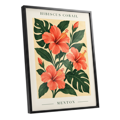 Menton Coral Bloom, orange, red, green floral wall art shown as a black framed poster wall art print