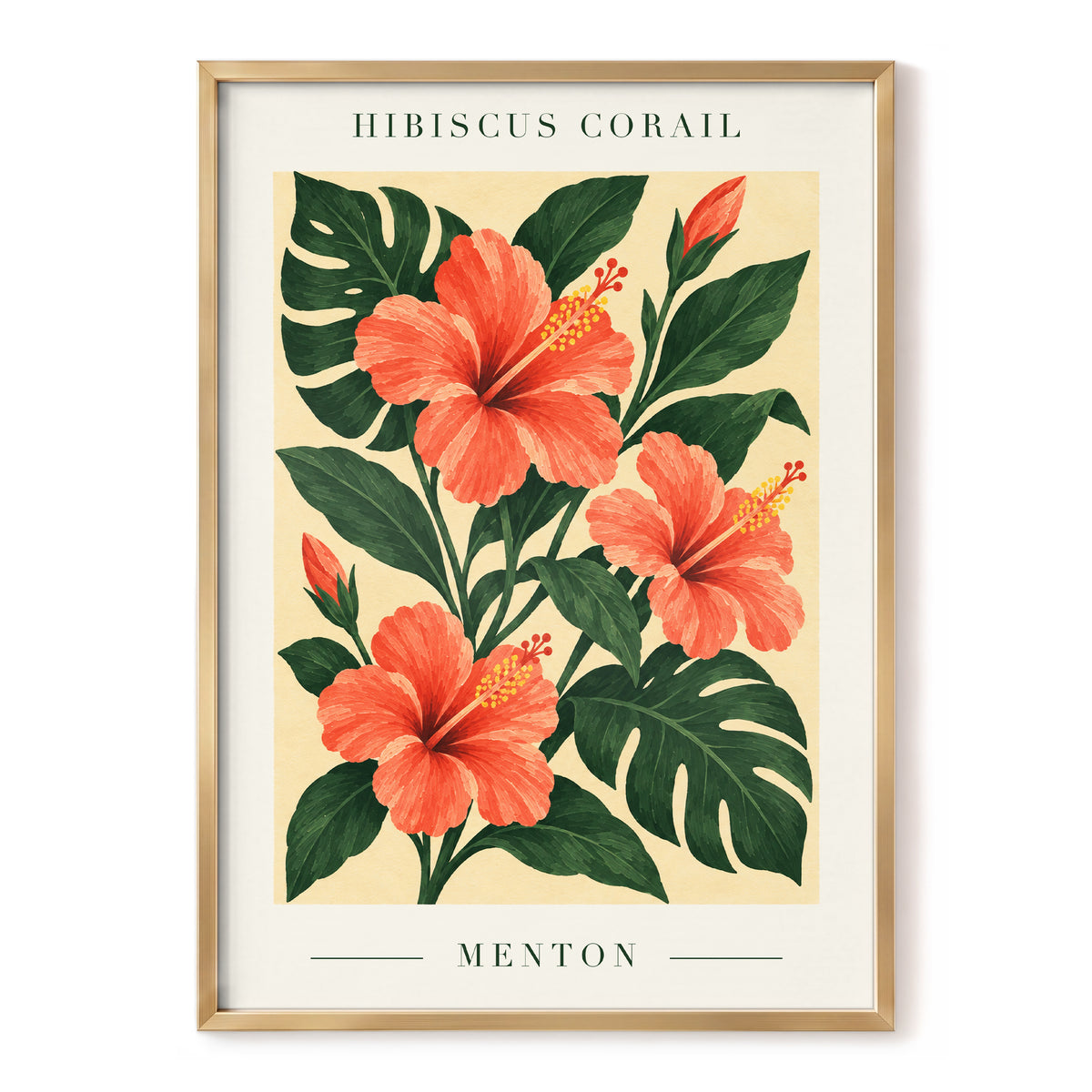 Menton Coral Bloom, orange, red, green floral wall art, front artwork view