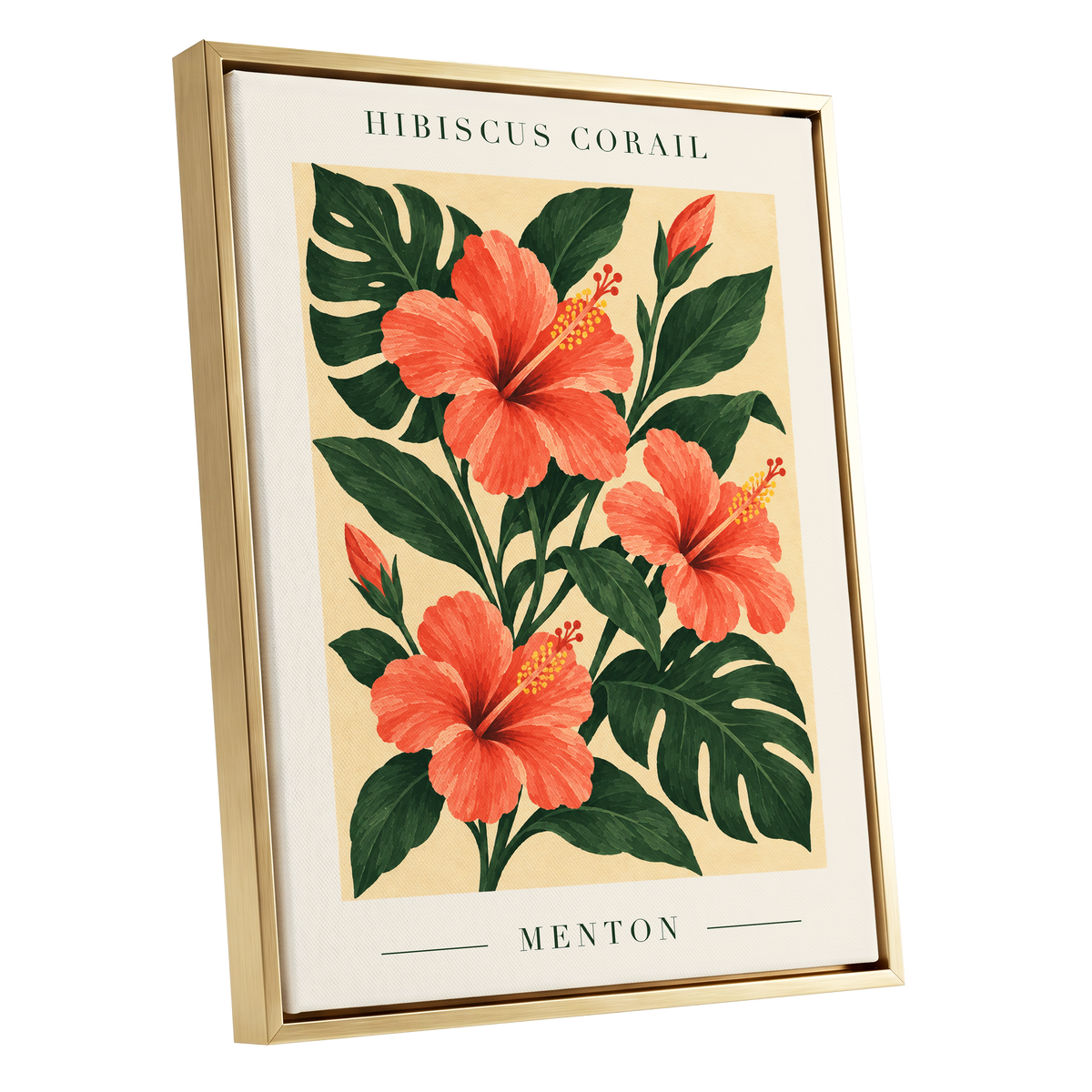 Menton Coral Bloom, orange, red, green floral wall art shown as a gold framed canvas wall art