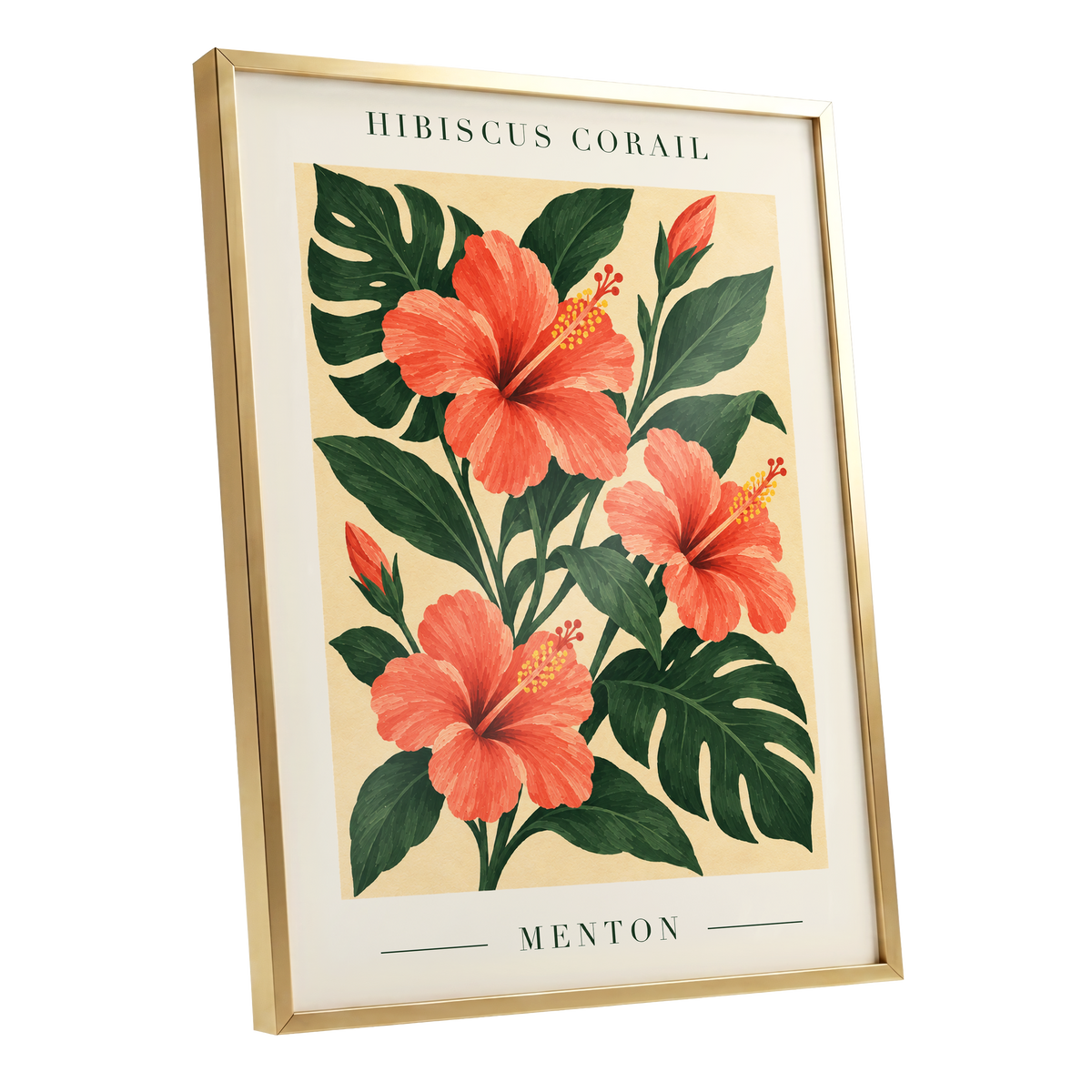 Menton Coral Bloom, orange, red, green floral wall art shown as a gold framed poster wall art print