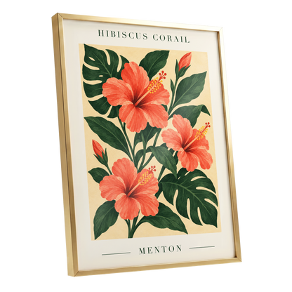 Menton Coral Bloom, orange, red, green floral wall art shown as a gold framed poster wall art print