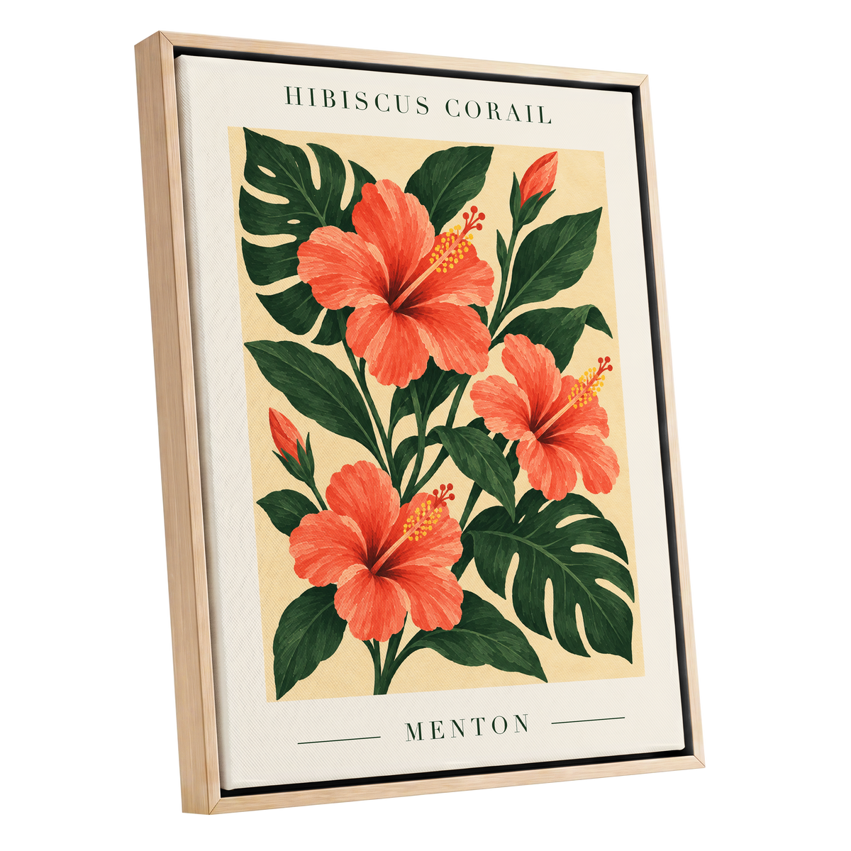 Menton Coral Bloom, orange, red, green floral wall art shown as a oak framed canvas wall art