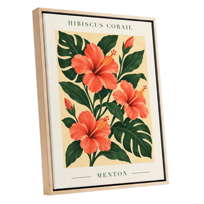 Menton Coral Bloom, orange, red, green floral wall art shown as a oak framed canvas wall art