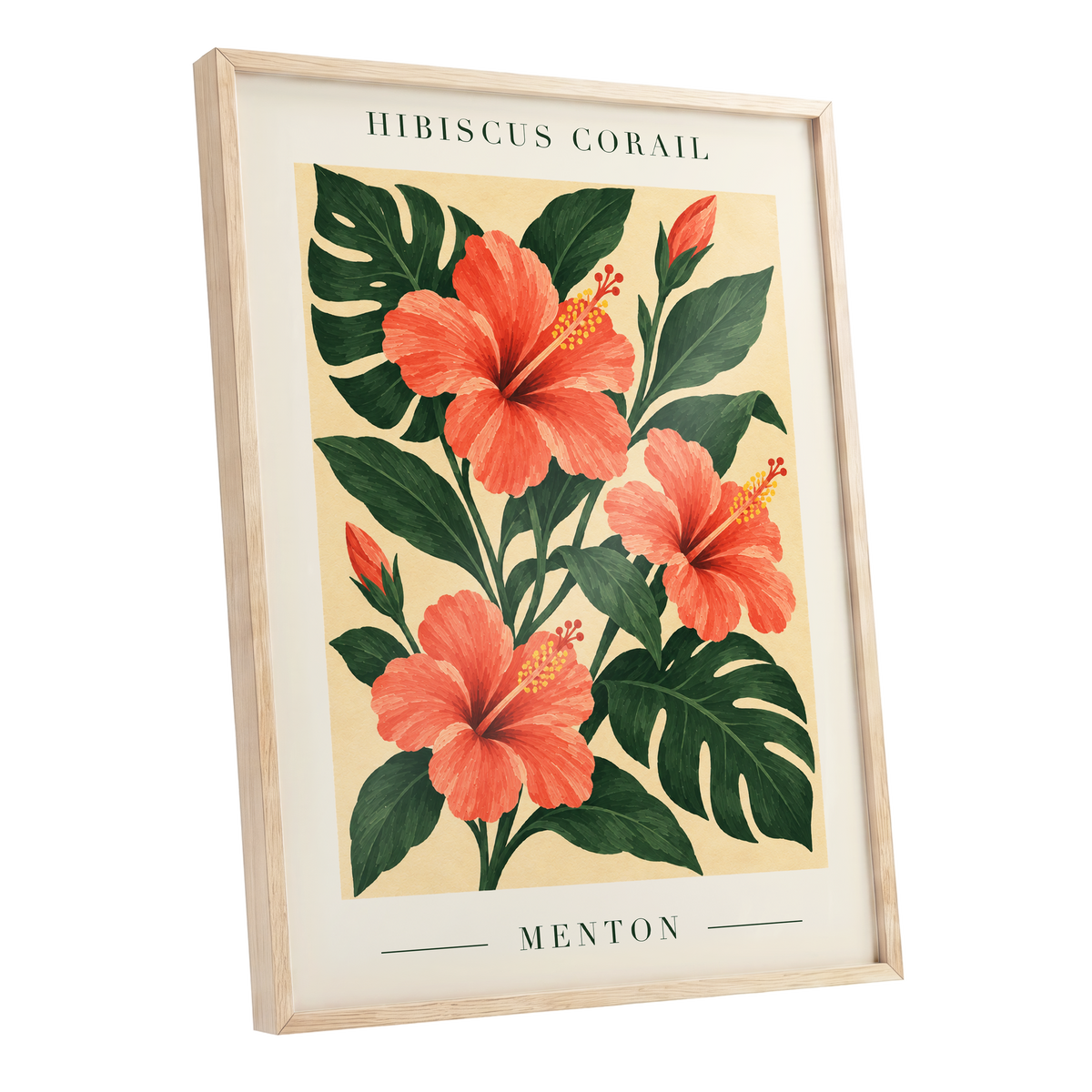 Menton Coral Bloom, orange, red, green floral wall art shown as a oak framed poster wall art print