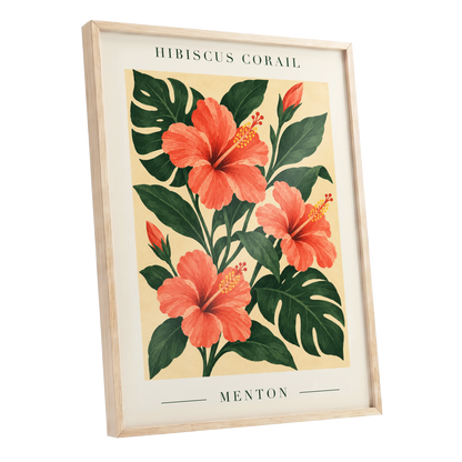 Menton Coral Bloom, orange, red, green floral wall art shown as a oak framed poster wall art print