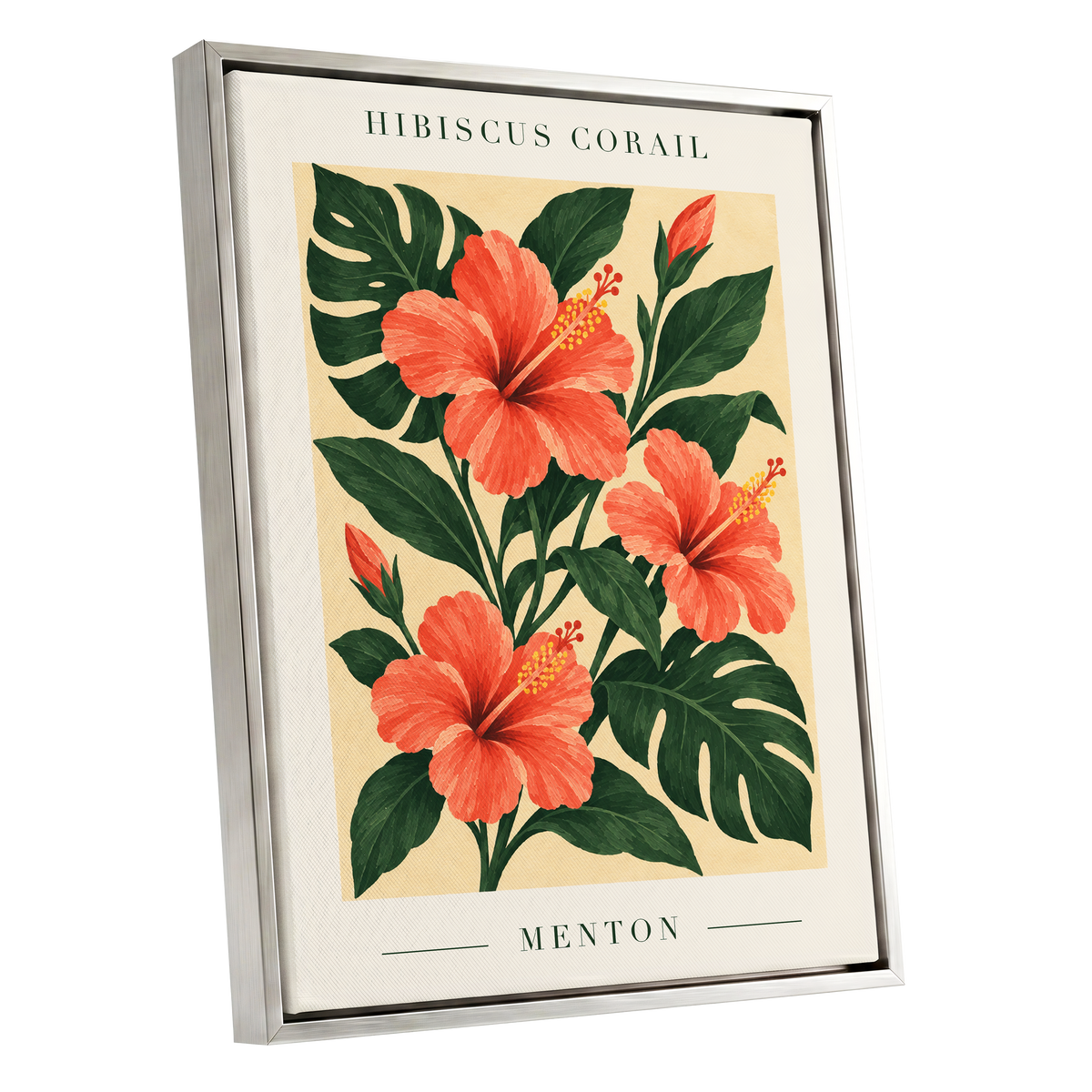 Menton Coral Bloom, orange, red, green floral wall art shown as a silver framed canvas wall art