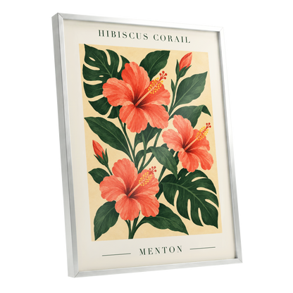Menton Coral Bloom, orange, red, green floral wall art shown as a silver framed poster wall art print
