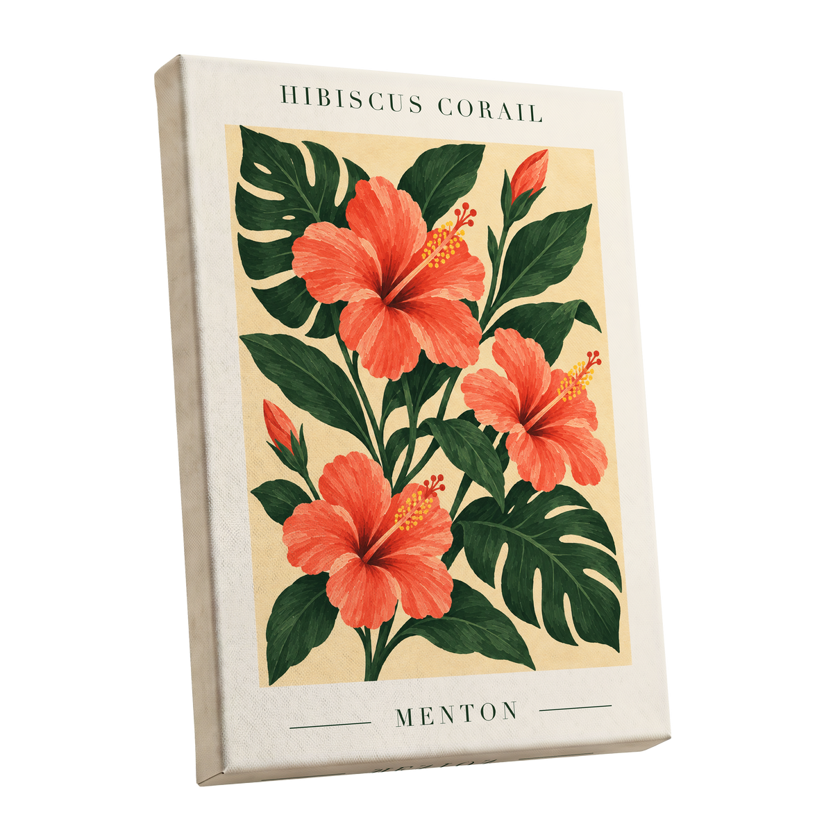 Menton Coral Bloom, orange, red, green floral wall art shown as a stretched canvas wall art