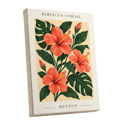 Menton Coral Bloom, orange, red, green floral wall art shown as a stretched canvas wall art