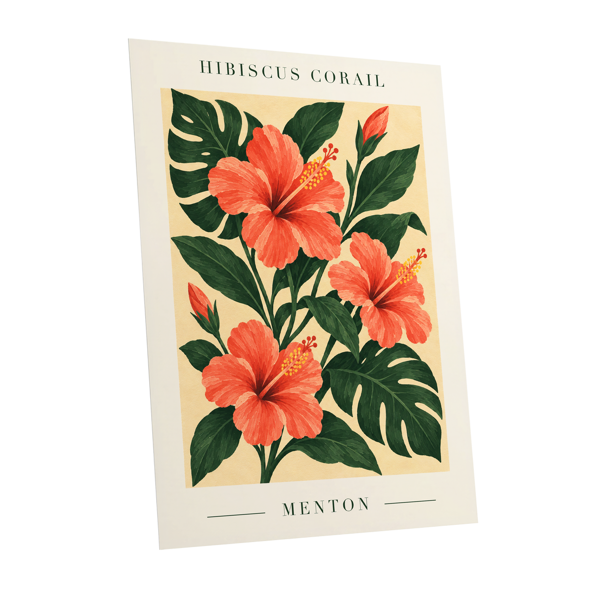 Menton Coral Bloom, orange, red, green floral wall art shown as a unframed poster wall art print