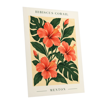 Menton Coral Bloom, orange, red, green floral wall art shown as a unframed poster wall art print