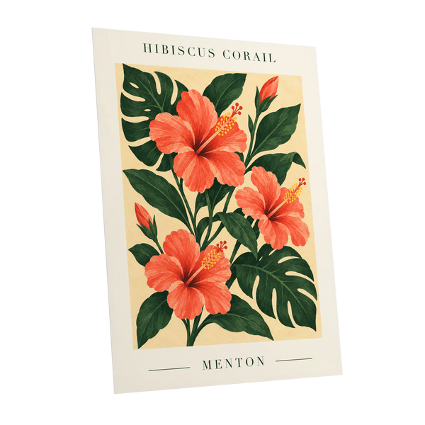 Menton Coral Bloom, orange, red, green floral wall art shown as a unframed poster wall art print