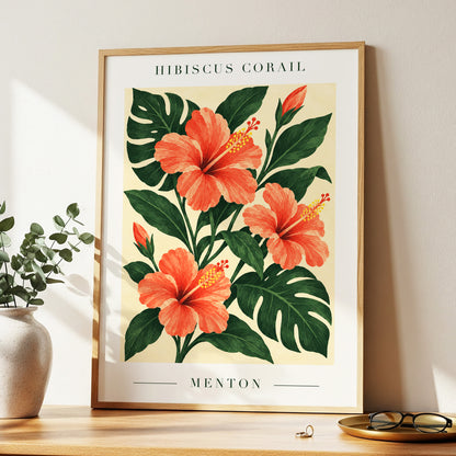 Menton Coral Bloom, orange, red, green floral wall art displayed in a styled interior, gallery view 2