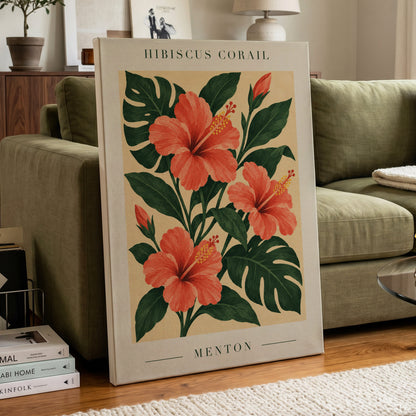 Menton Coral Bloom, orange, red, green floral wall art displayed in a styled interior, gallery view 3
