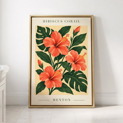 Menton Coral Bloom, orange, red, green floral wall art displayed in a styled interior, gallery view 4