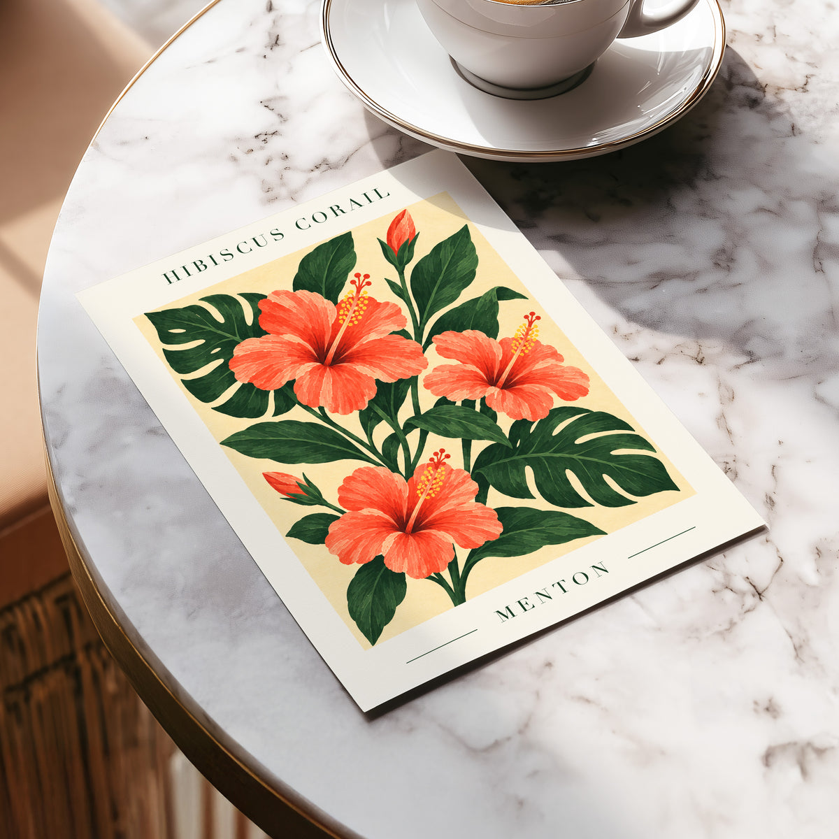 Menton Coral Bloom, orange, red, green floral wall art displayed in a styled interior, gallery view 5