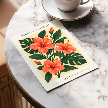 Menton Coral Bloom, orange, red, green floral wall art displayed in a styled interior, gallery view 5