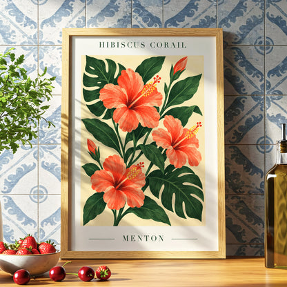 Menton Coral Bloom, orange, red, green floral wall art displayed in a styled interior, gallery view 6