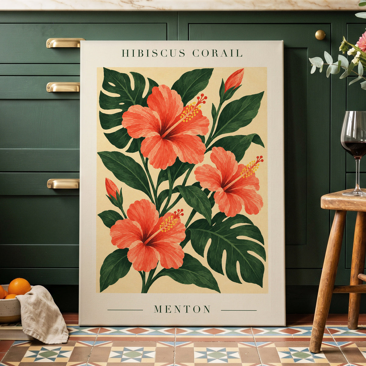 Menton Coral Bloom, orange, red, green floral wall art displayed in a styled interior, gallery view 7