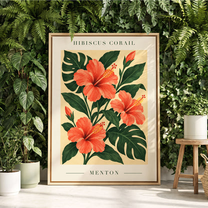 Menton Coral Bloom, orange, red, green floral wall art displayed in a styled interior, gallery view 8