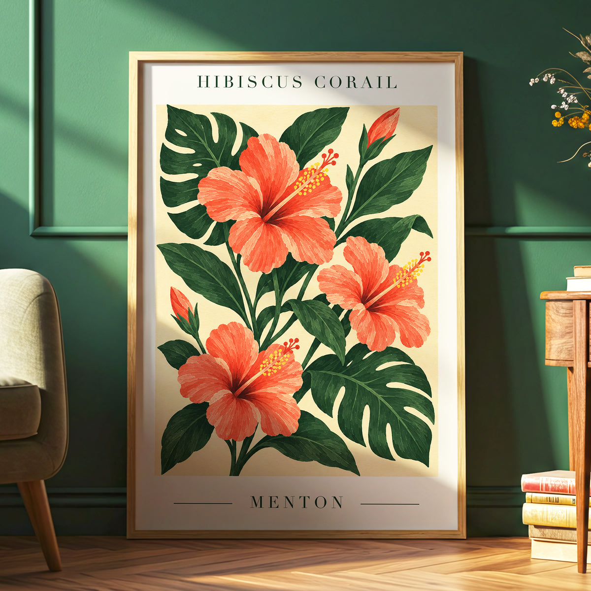 Menton Coral Bloom, orange, red, green floral wall art displayed in a styled interior, gallery view 9