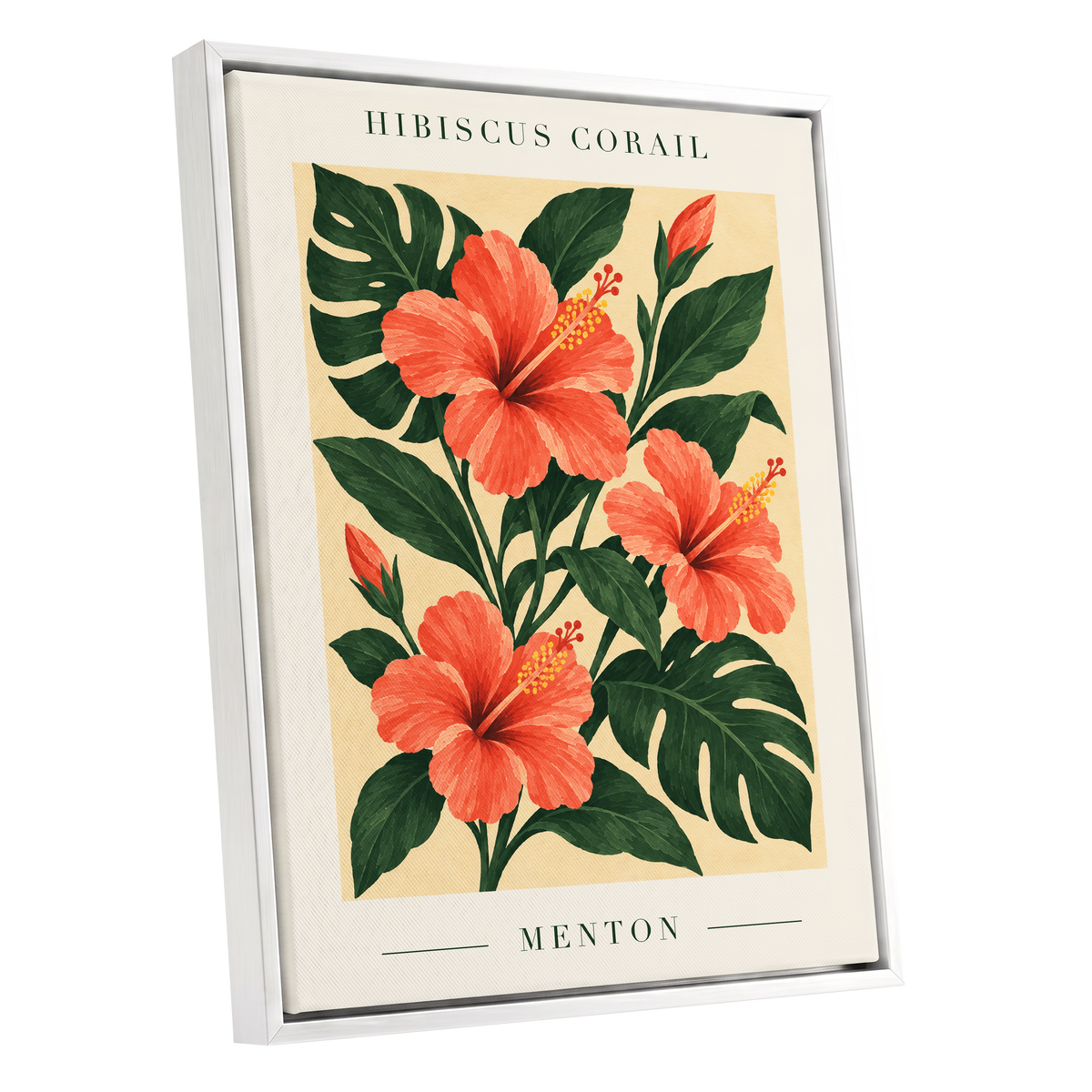 Menton Coral Bloom, orange, red, green floral wall art shown as a white framed canvas wall art