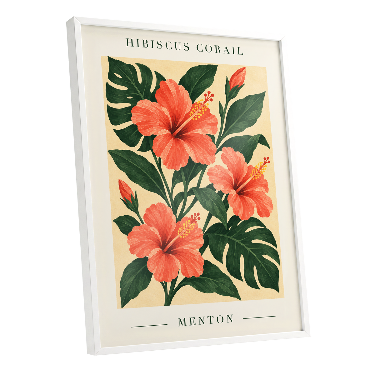 Menton Coral Bloom, orange, red, green floral wall art shown as a white framed poster wall art print