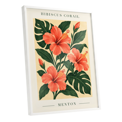 Menton Coral Bloom, orange, red, green floral wall art shown as a white framed poster wall art print