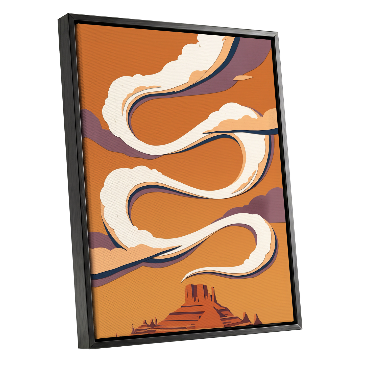 Mesa Sky Ribbons, orange, white, purple nature wall art shown as a black framed canvas wall art