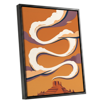 Mesa Sky Ribbons, orange, white, purple nature wall art shown as a black framed canvas wall art