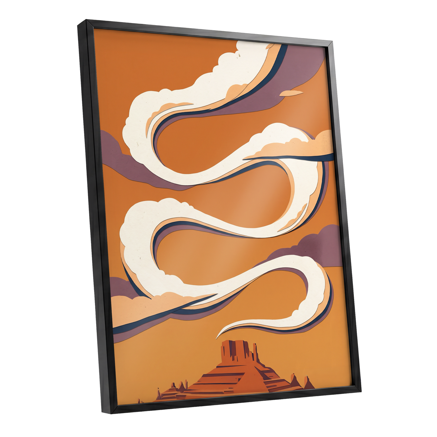 Mesa Sky Ribbons, orange, white, purple nature wall art shown as a black framed poster wall art print