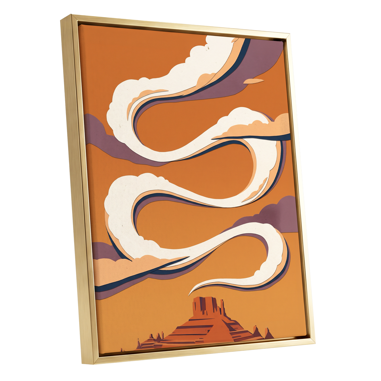Mesa Sky Ribbons, orange, white, purple nature wall art shown as a gold framed canvas wall art