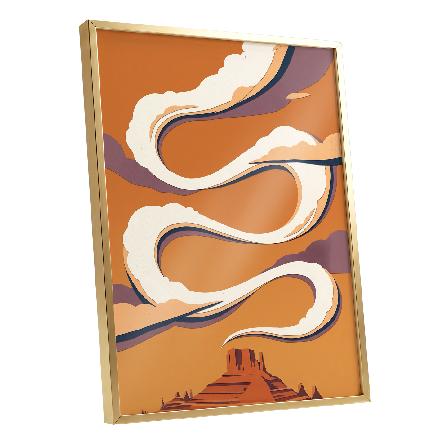 Mesa Sky Ribbons, orange, white, purple nature wall art shown as a gold framed poster wall art print