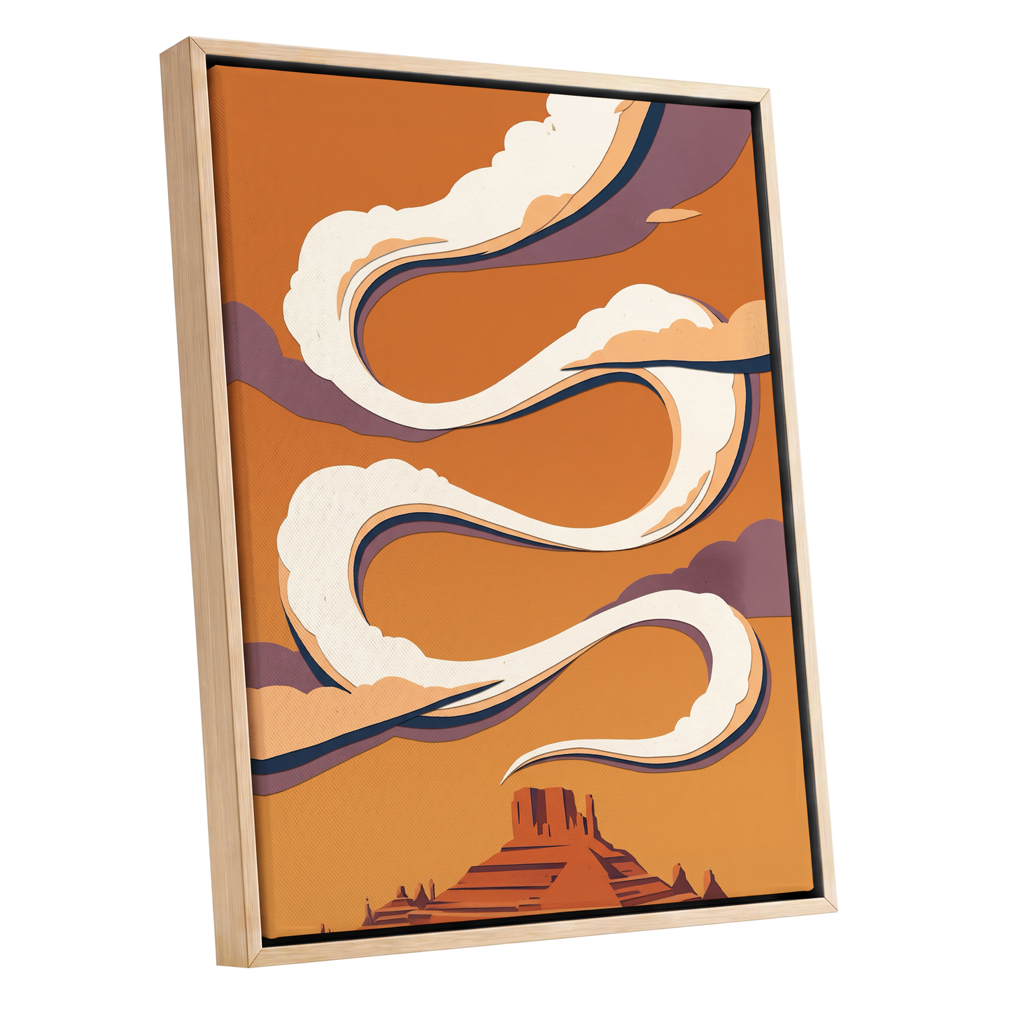 Mesa Sky Ribbons, orange, white, purple nature wall art shown as a oak framed canvas wall art