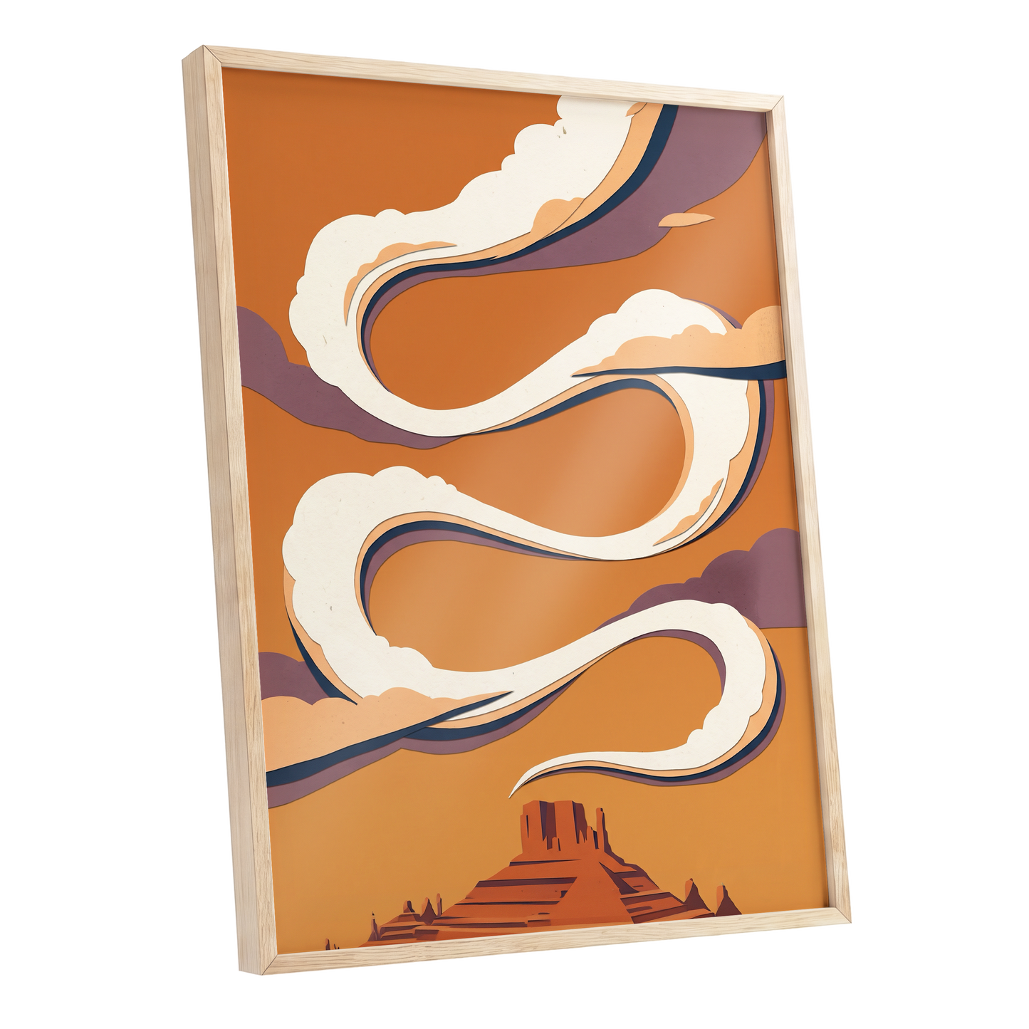 Mesa Sky Ribbons, orange, white, purple nature wall art shown as a oak framed poster wall art print