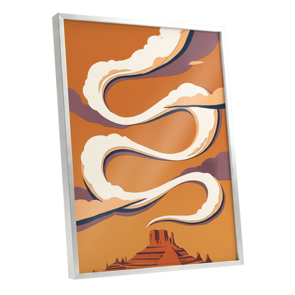 Mesa Sky Ribbons, orange, white, purple nature wall art shown as a silver framed poster wall art print
