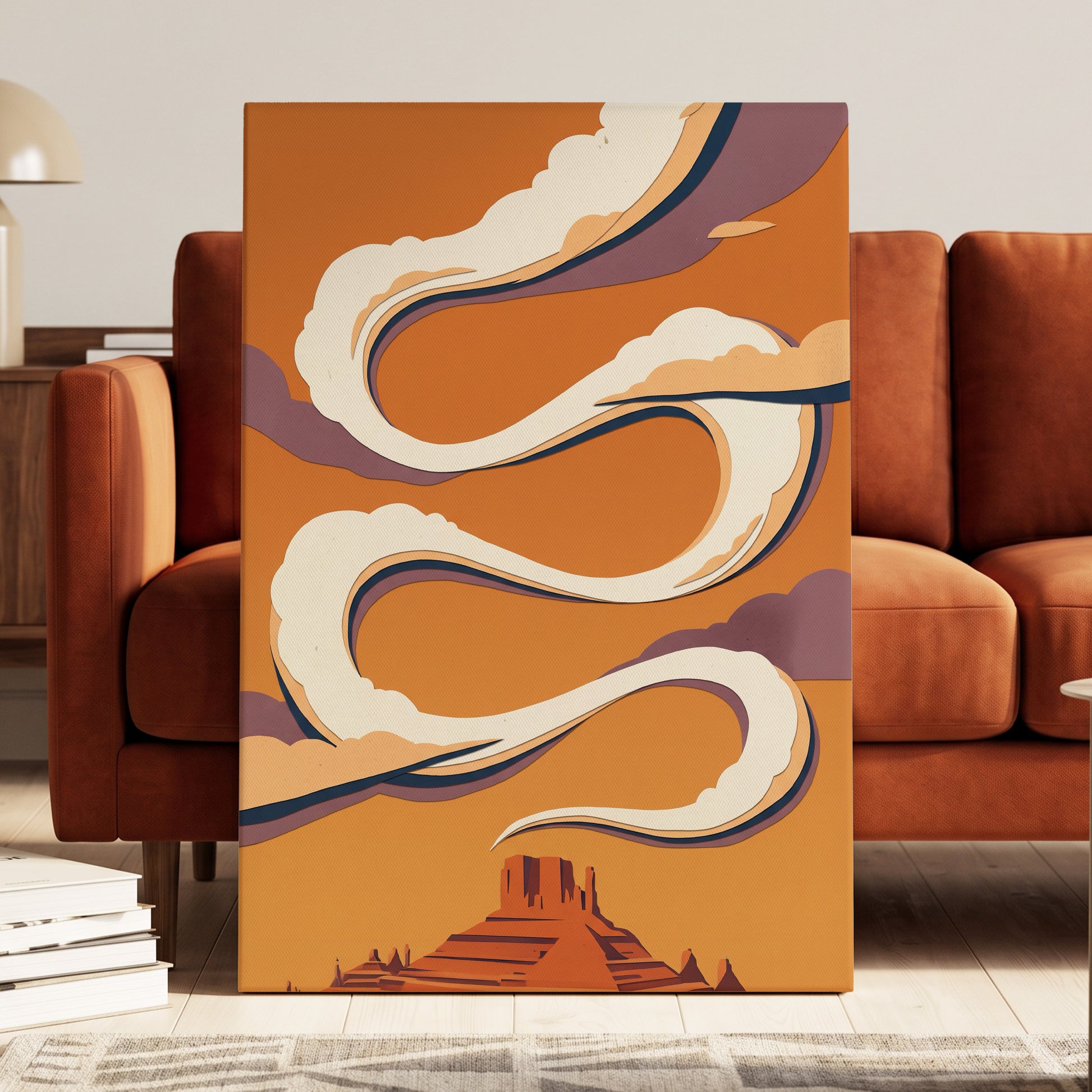Mesa Sky Ribbons, orange, white, purple nature wall art displayed in a styled interior, gallery view 3