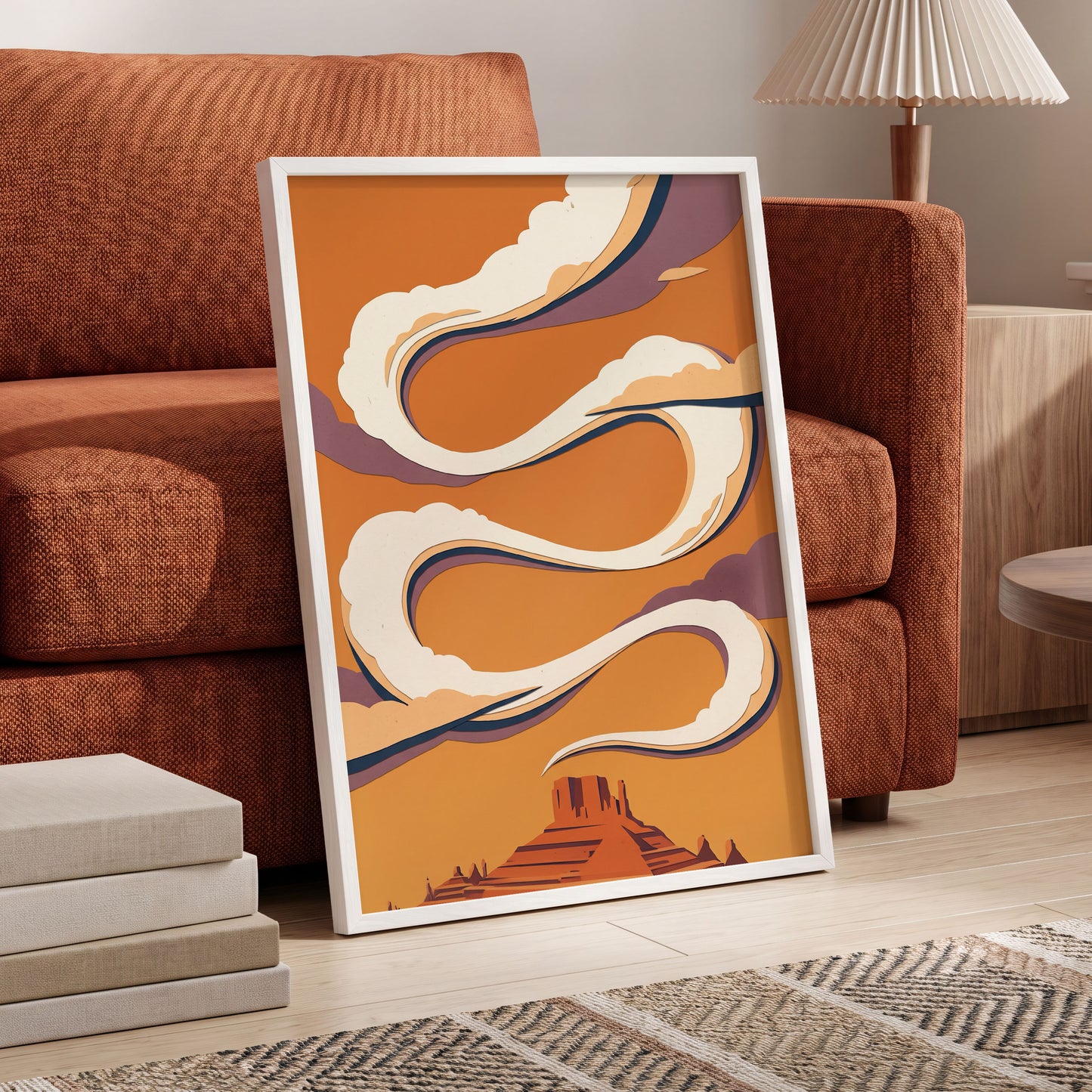 Mesa Sky Ribbons, orange, white, purple nature wall art displayed in a styled interior, gallery view 9