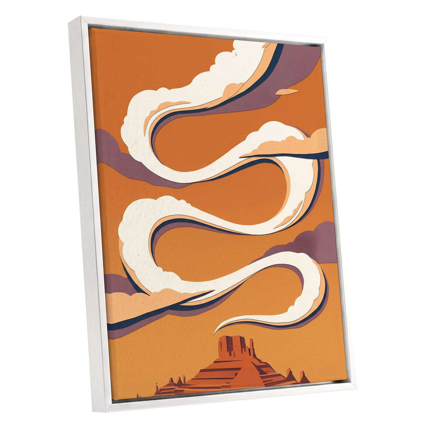 Mesa Sky Ribbons, orange, white, purple nature wall art shown as a white framed canvas wall art